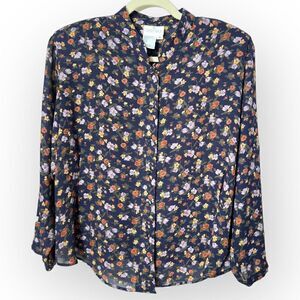 Vintage Carry Back Blue Floral button-down collared Shirt Size 14 100% polyester